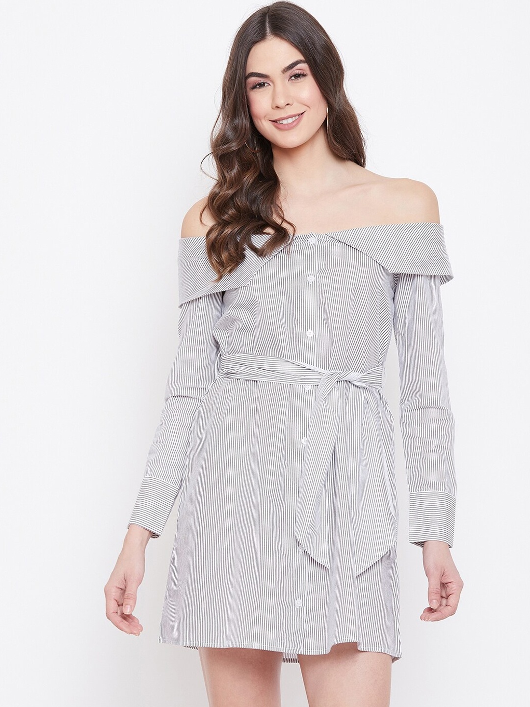 

sandy AND ritz White & Grey Striped Off-Shoulder Sustainable Dress