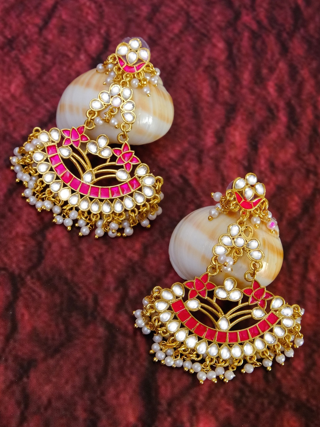 

Crunchy Fashion Women Gold-Toned & Kundan Studded Pink Classic Chandbalis Earrings