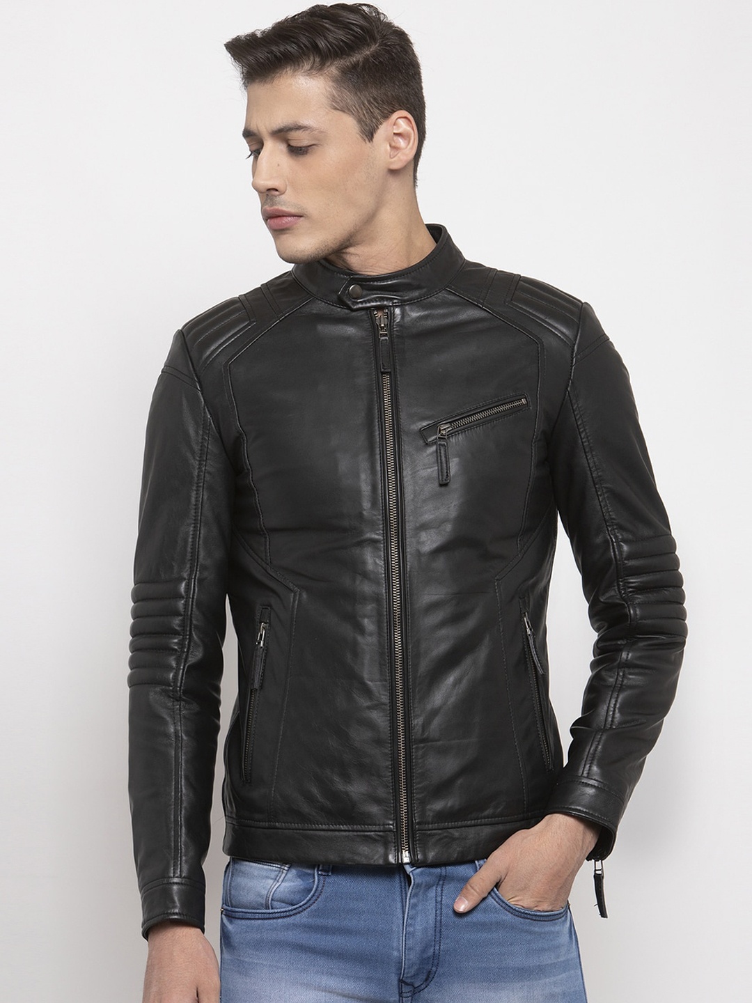 

WELBAWT Men Black Leather Lightweight Biker Jacket