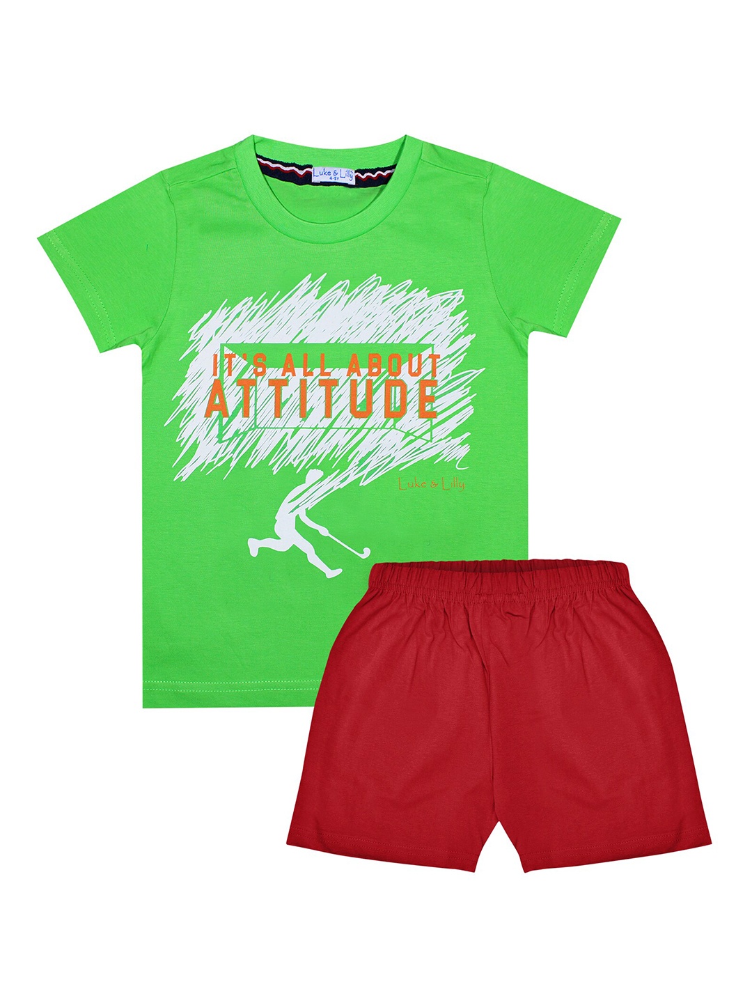 

Luke & Lilly Boys Green & Maroon Printed Pure Cotton T-shirt with Shorts