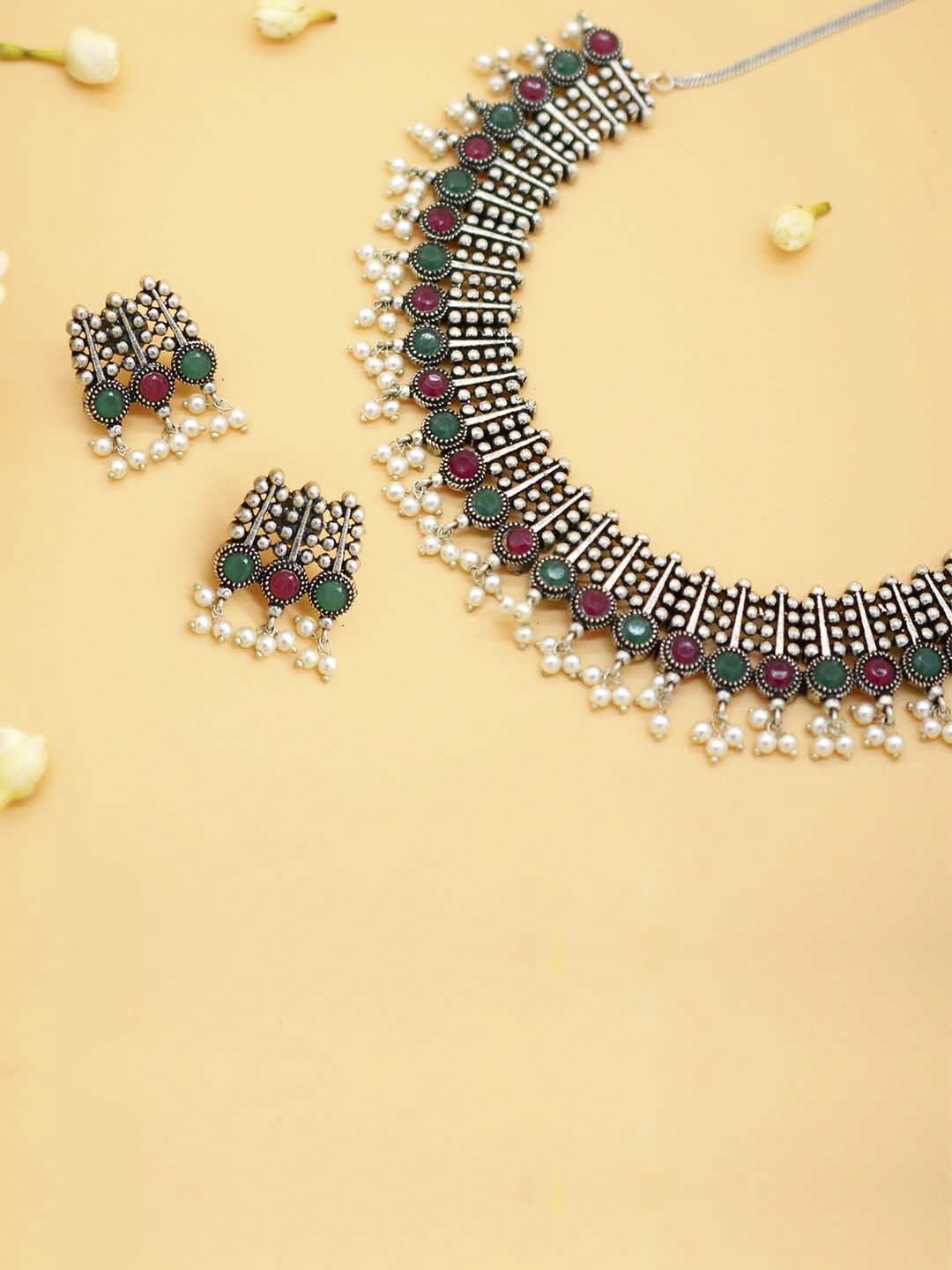 

TEEJH Oxidized Silver-Plated & Magenta Stone-Studded Beaded Jewellery Set