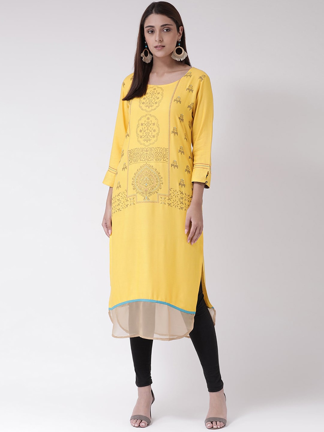 

Span Women Yellow Foil Printed Calf Length Kurta
