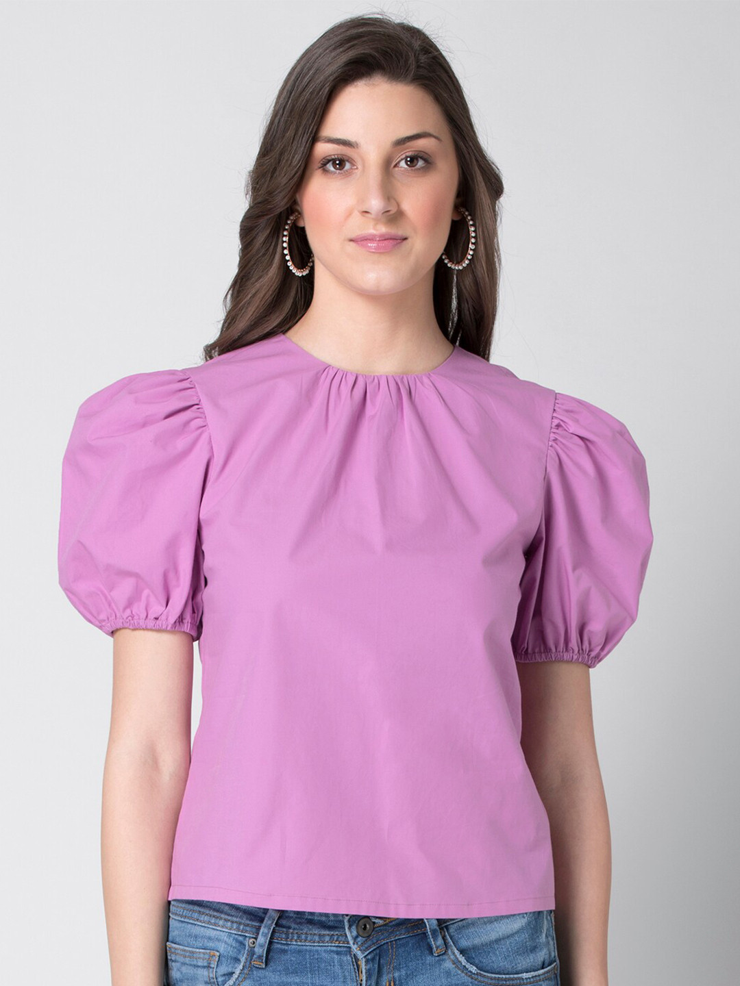 

FabAlley Women Purple Puff Sleeve Regular Top