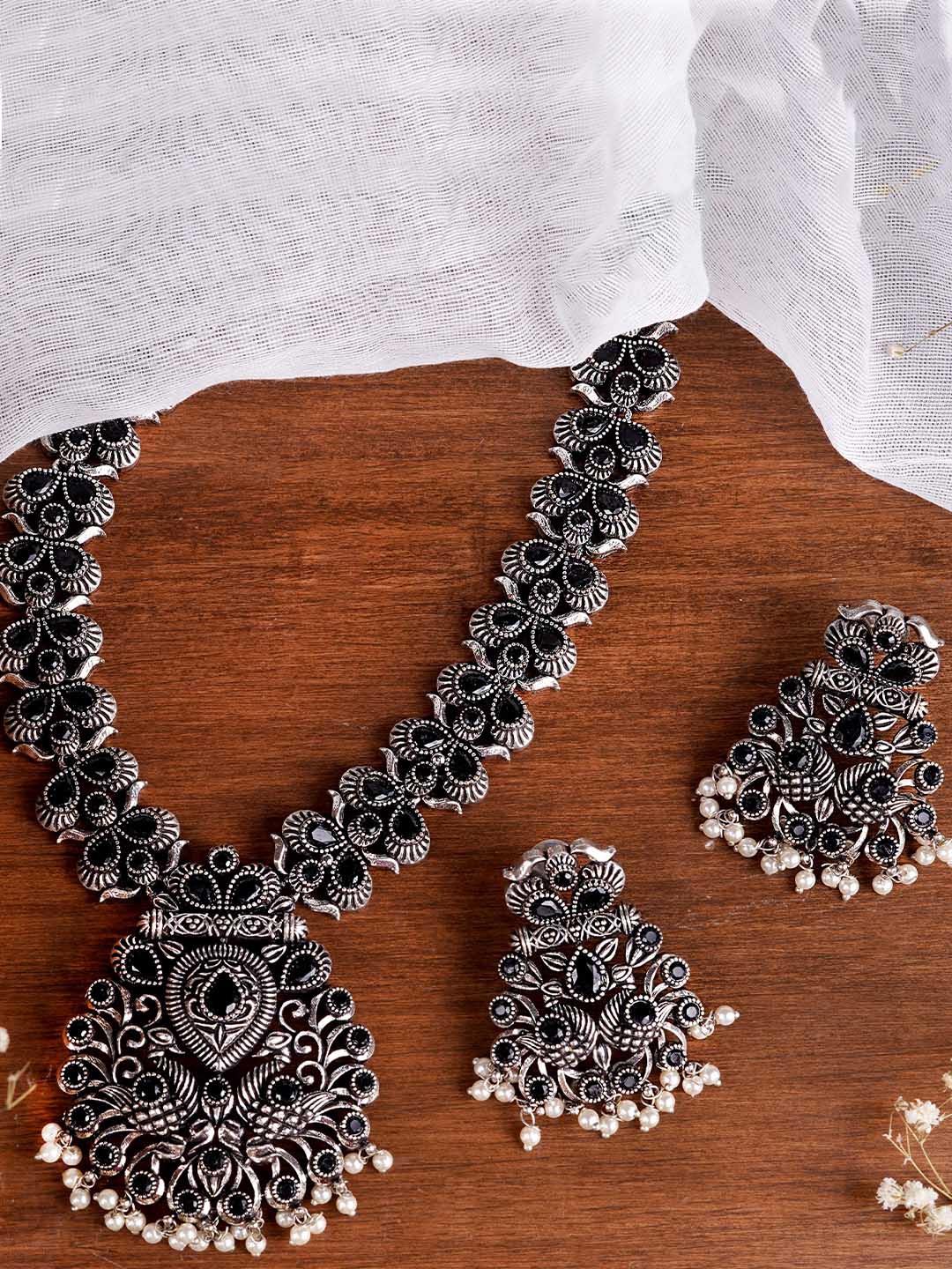 TEEJH Oxidised Silver-Plated Black Artificial Stones-Studded Vaidehi Jewellery Set