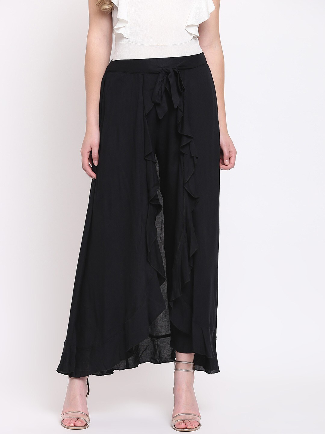 

RIVI Women Black Ruffle Flared Palazzos