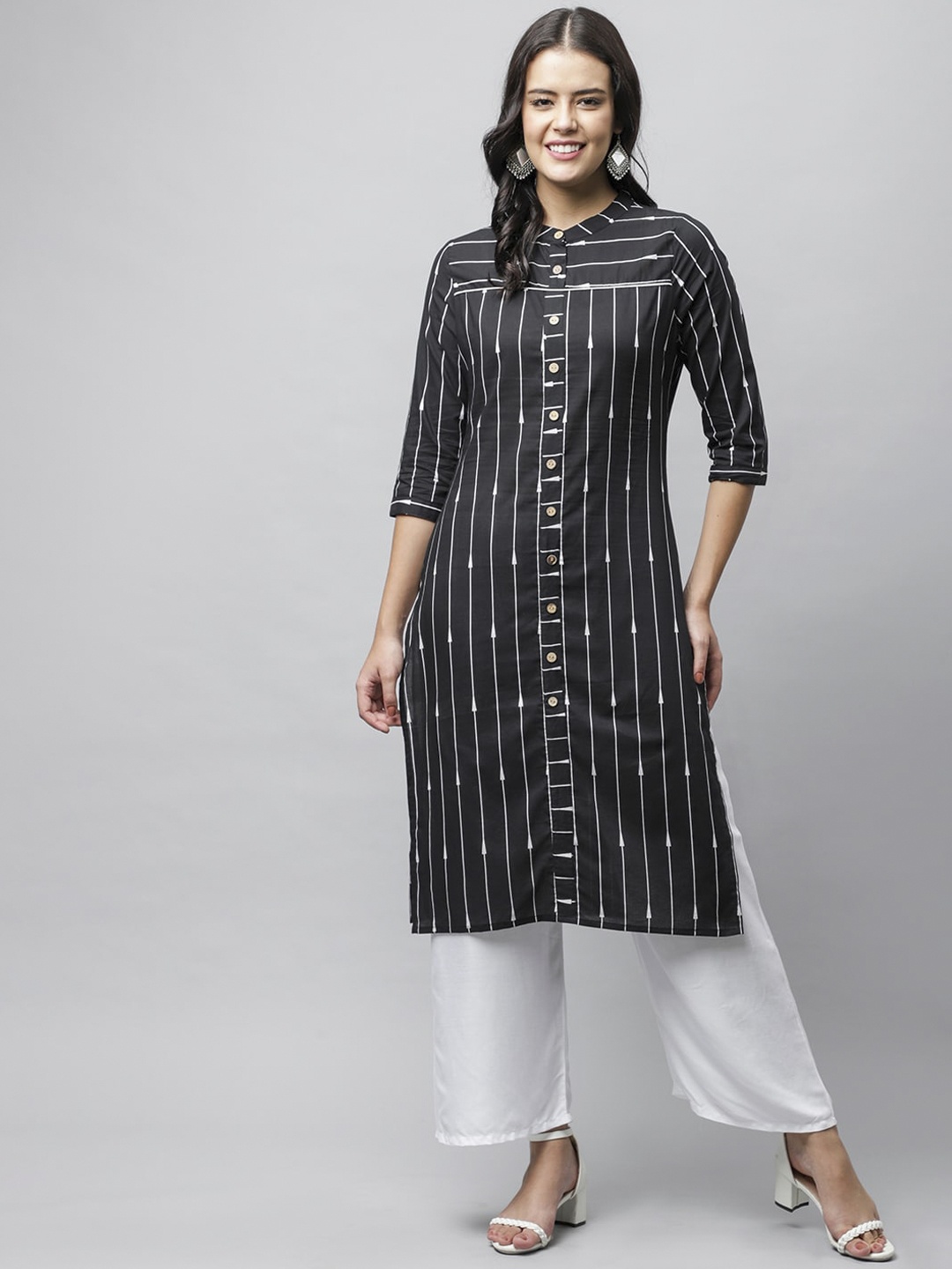 

HERE&NOW Women Black & White Striped Pathani Kurta