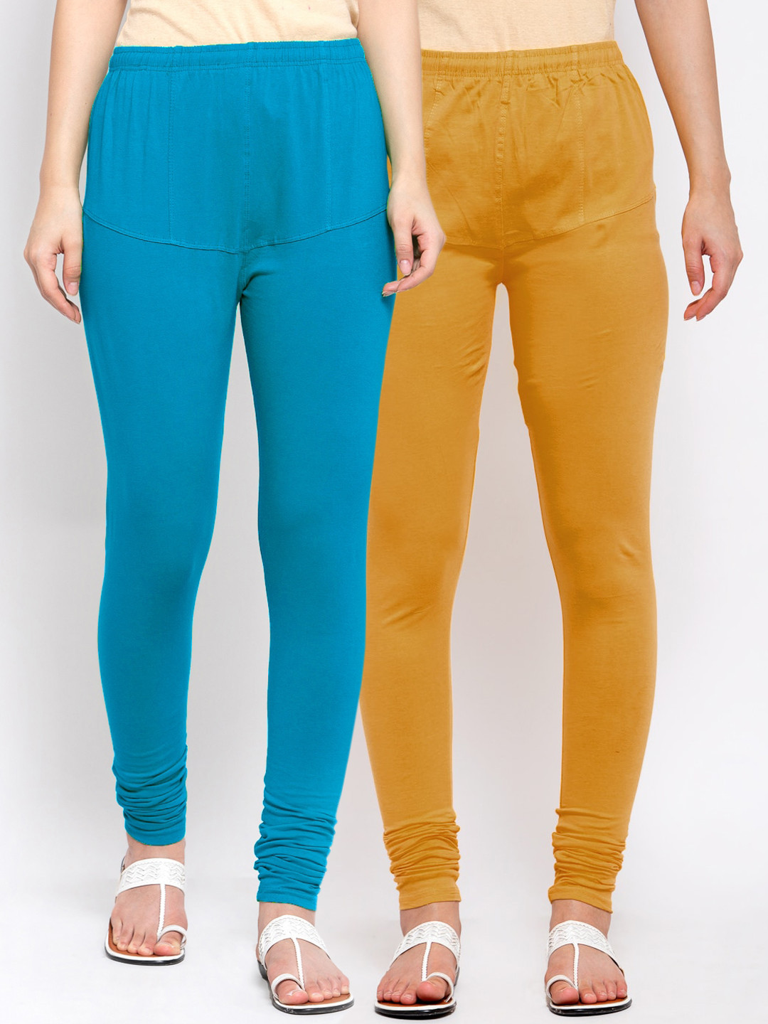 

KLOTTHE Women Pack Of 2 Mustard Yellow & Blue Solid Churidar-Length Cotton Leggings