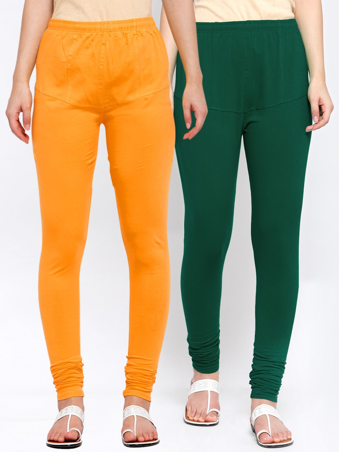 

KLOTTHE Women Pack Of 2 Solid Churidar-Length Cotton Leggings, Orange