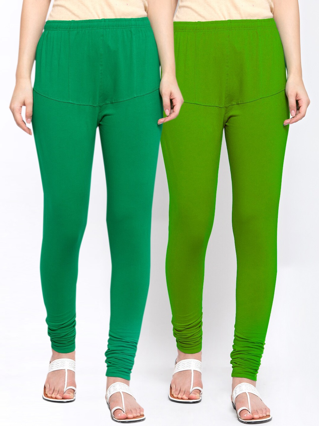 

KLOTTHE Women Pack of 2 Solid Cotton Churidar-Length Leggings, Green