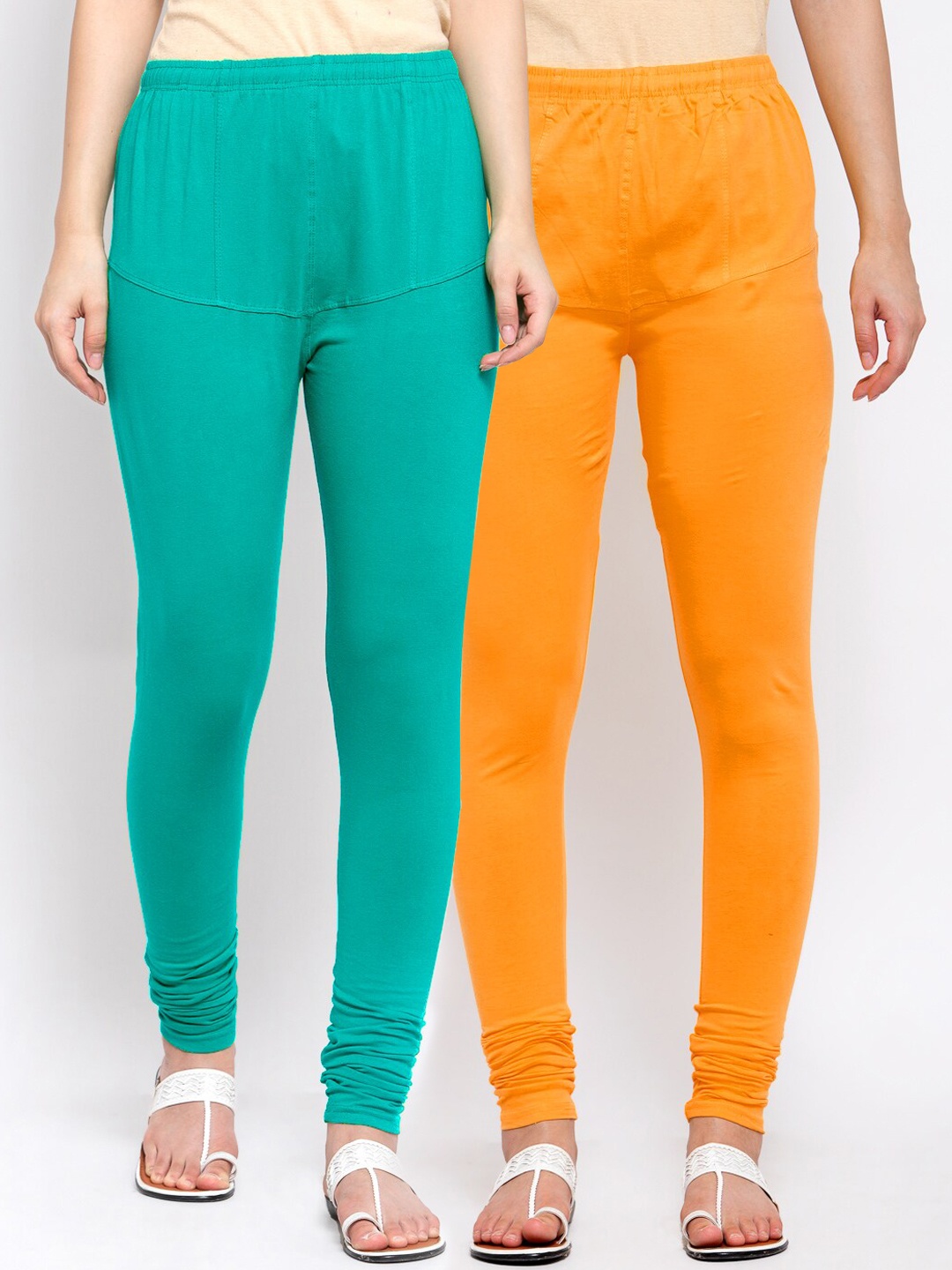 

KLOTTHE Women Pack Of 2 Solid Cotton Churidar-Length Leggings, Yellow