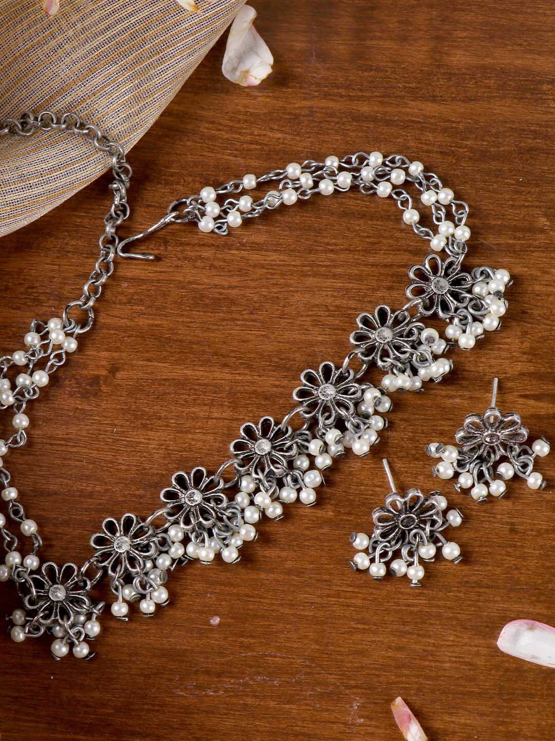 

TEEJH Oxidised Silver-Plated & White Pearls-Studded Anjali Floral Jewellery Set