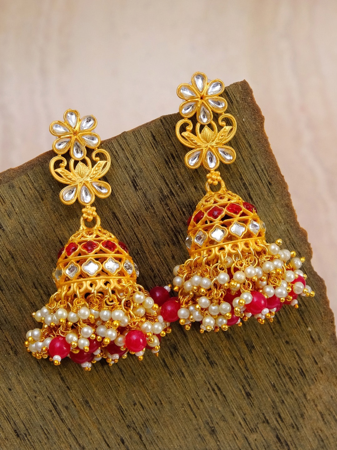 

Crunchy Fashion Gold-Toned Floral Jhumkas Earrings