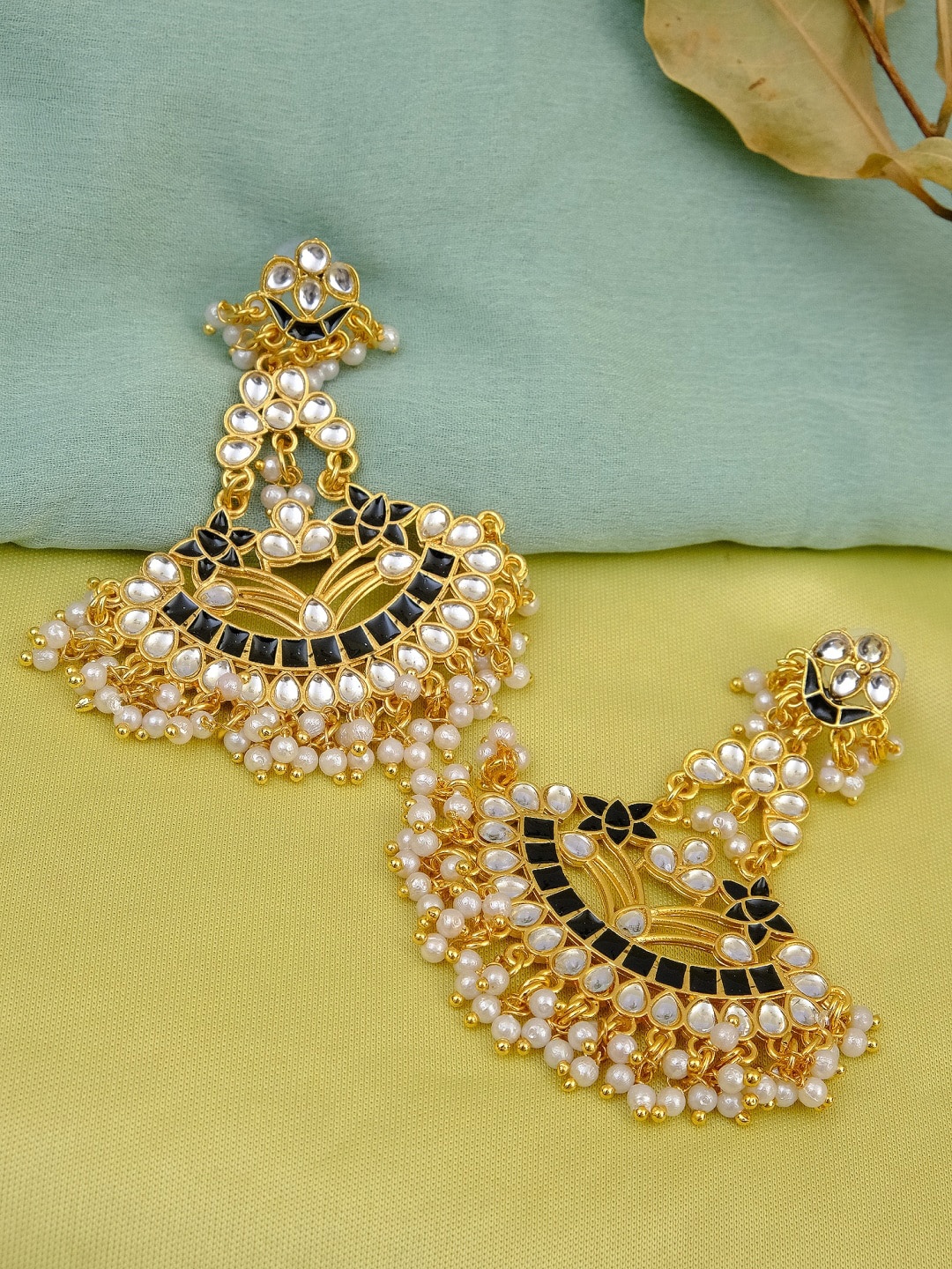 

Crunchy Fashion Black Gold-Toned Kundan & Pearls Studded Contemporary Chandbali Earrings