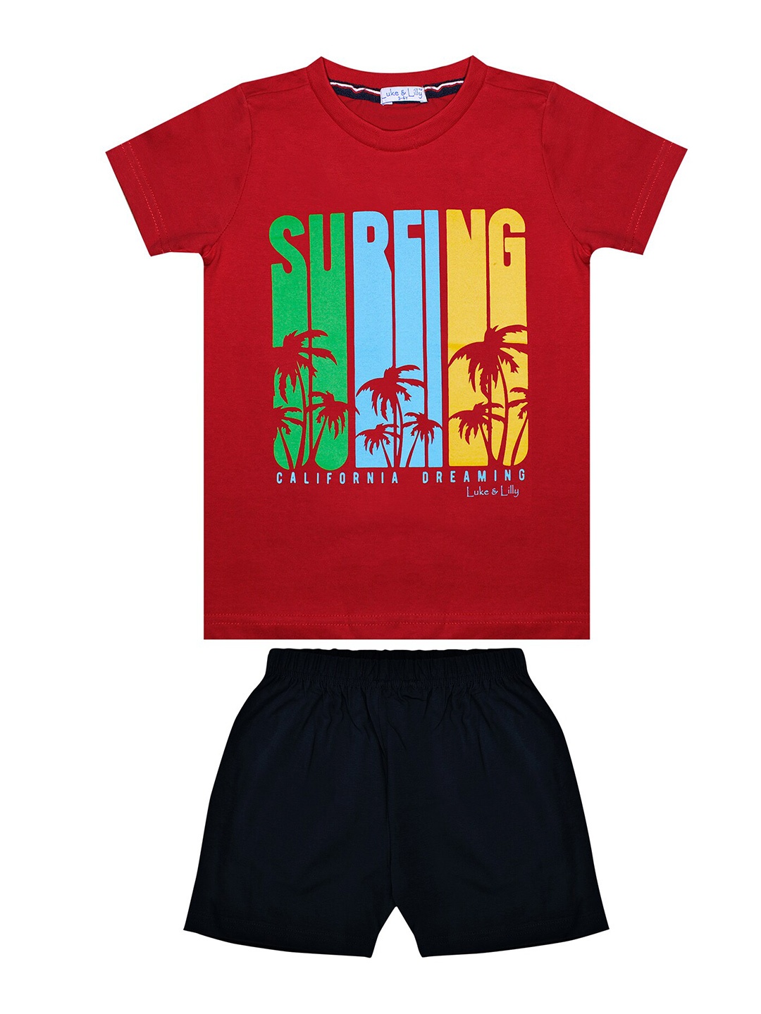 

Luke & Lilly Boys Red & Black Printed Cotton T-shirt with Shorts