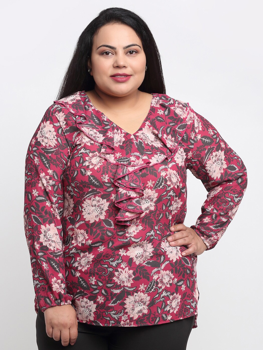 sindrellastorie Maroon Floral Ruffles Crepe Regular Top