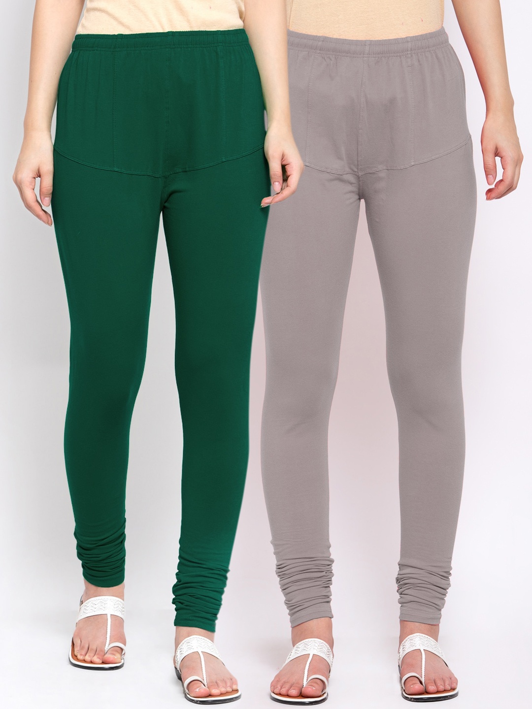 

KLOTTHE Women Pack Of 2 Solid Cotton Churidar-Length Leggings, Green