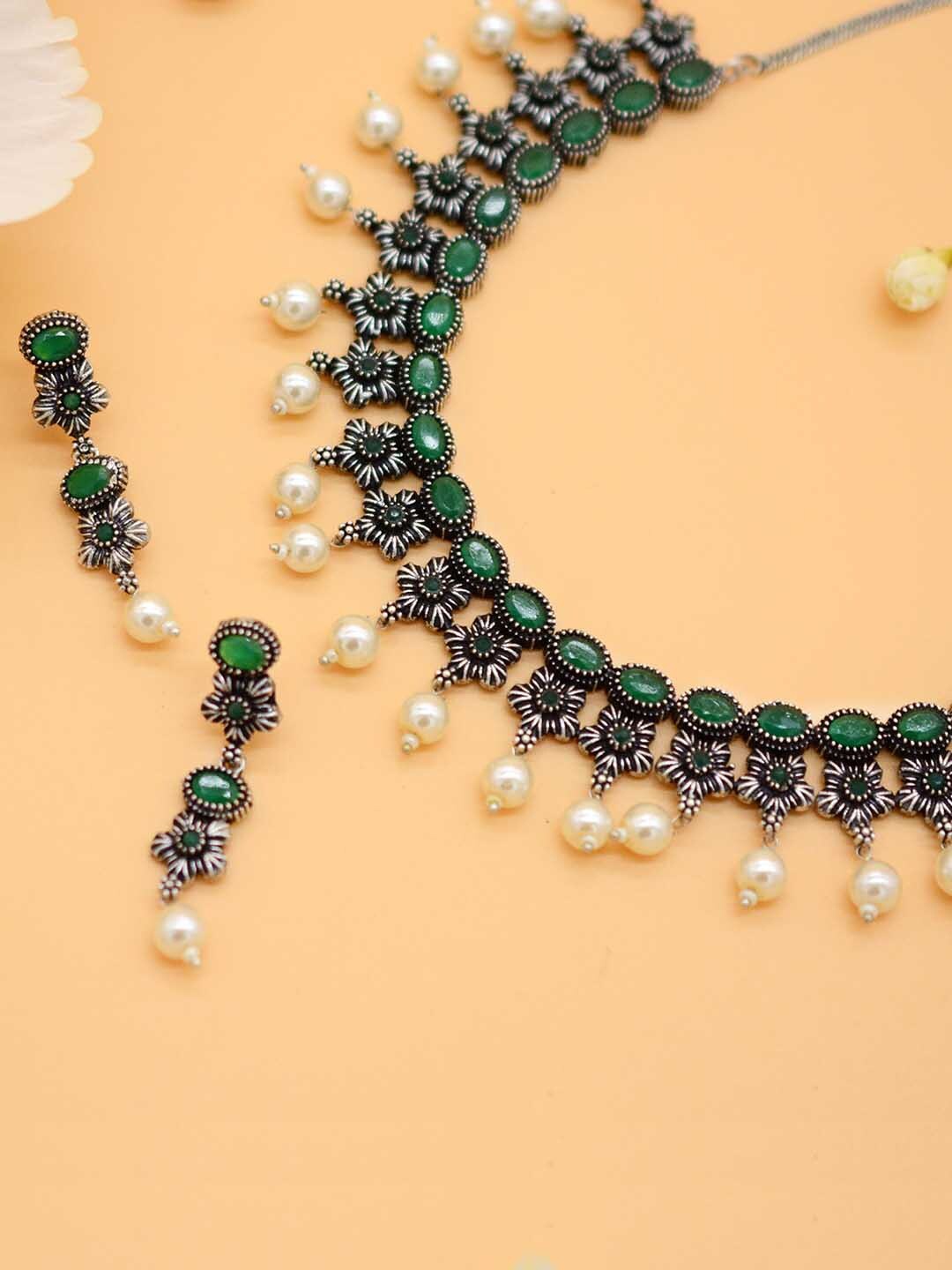 

TEEJH Oxidised Silver-Plated Green & White Stone-Studded & Pearl-Beaded Handcrafted Jewellery Set