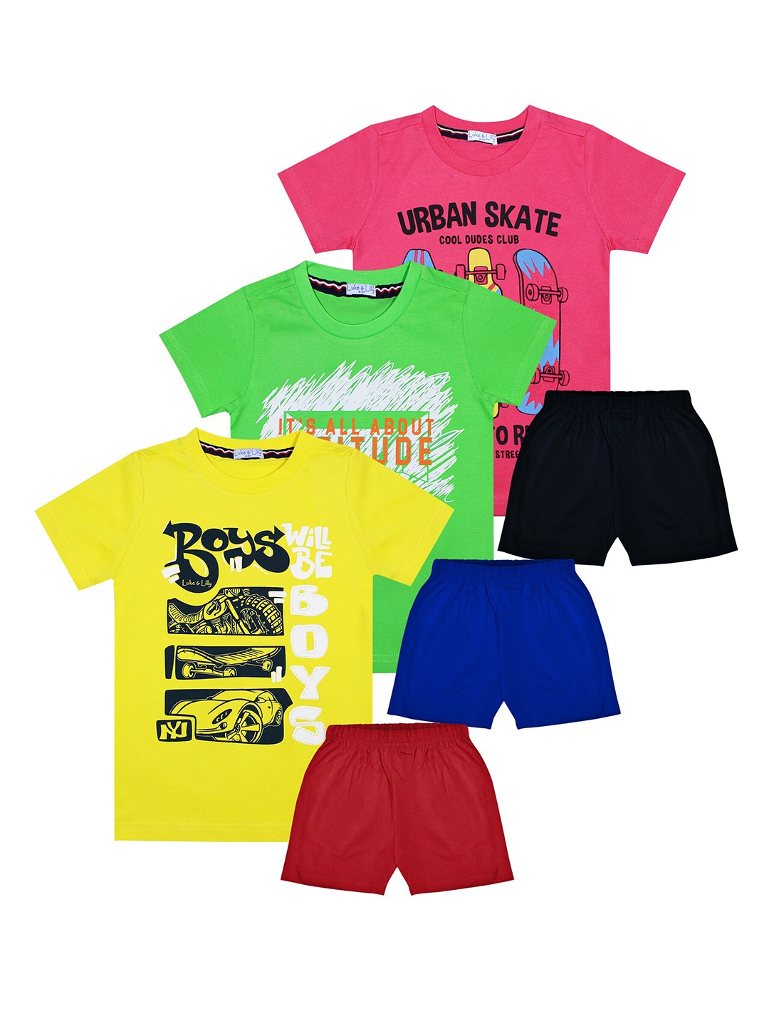 

Luke & Lilly Boys Pack Of 3 Printed Cotton T-shirt with Shorts, Pink