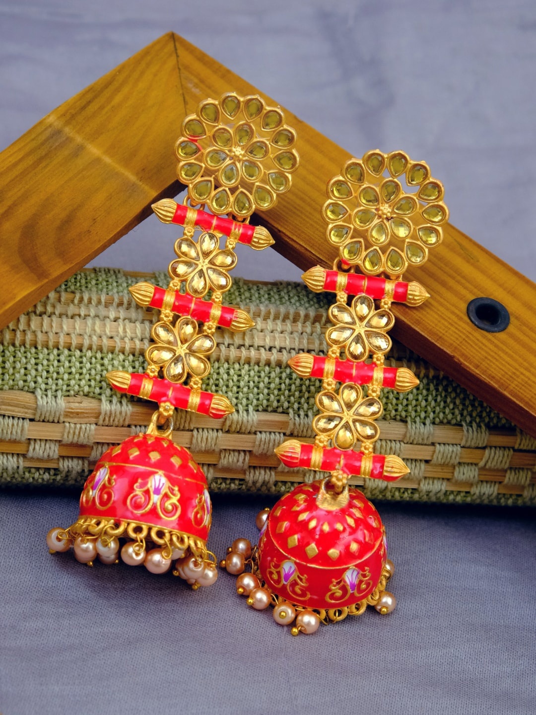 

Crunchy Fashion Gold-Toned & Orange Dome Shaped Jhumkas Earrings