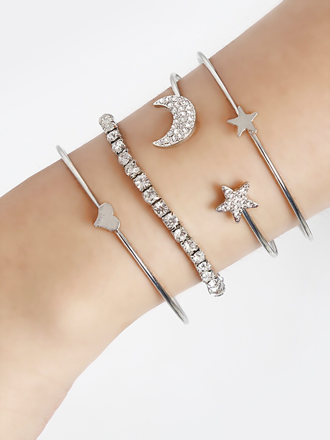 

Shining Diva Fashion Women 4 Silver-Toned White Cubic Zirconia Cuff Bracelet