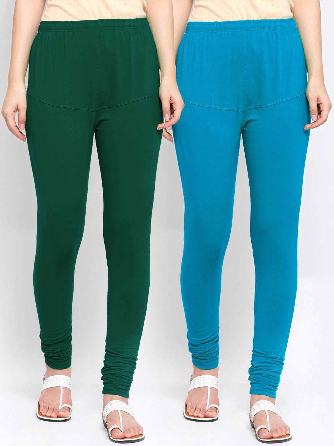

KLOTTHE Women Pack Of 2 Solid Churidar-Length Cotton Leggings, Green