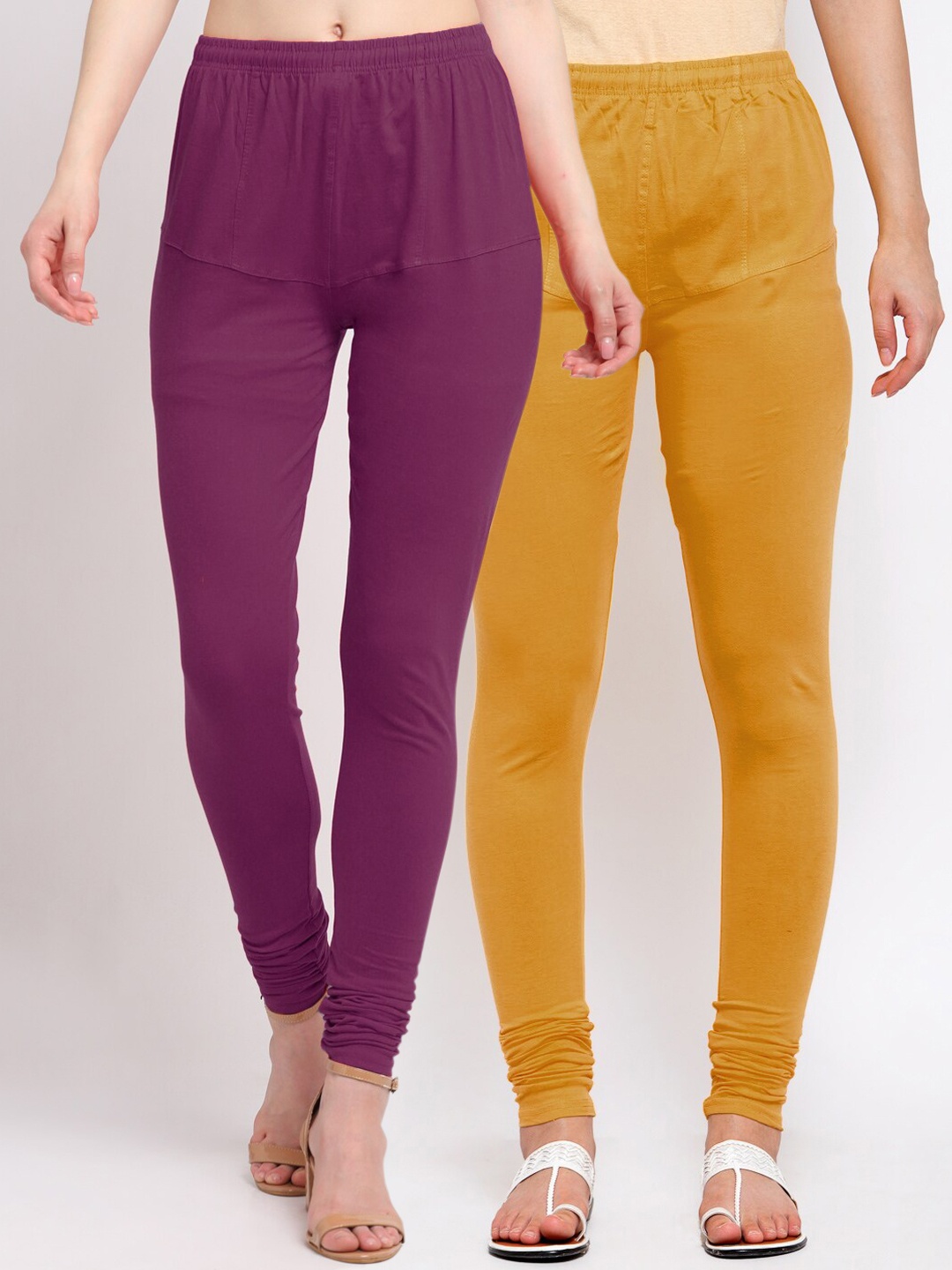KLOTTHE Women Pack Of 2 Solid Purple & Mustard Yellow Cotton Churidar-Length Leggings