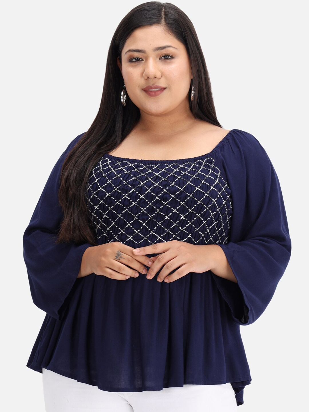 

BEYOUND SIZE - THE DRY STATE Navy Blue Smocked Flared Sleeve Regular Top