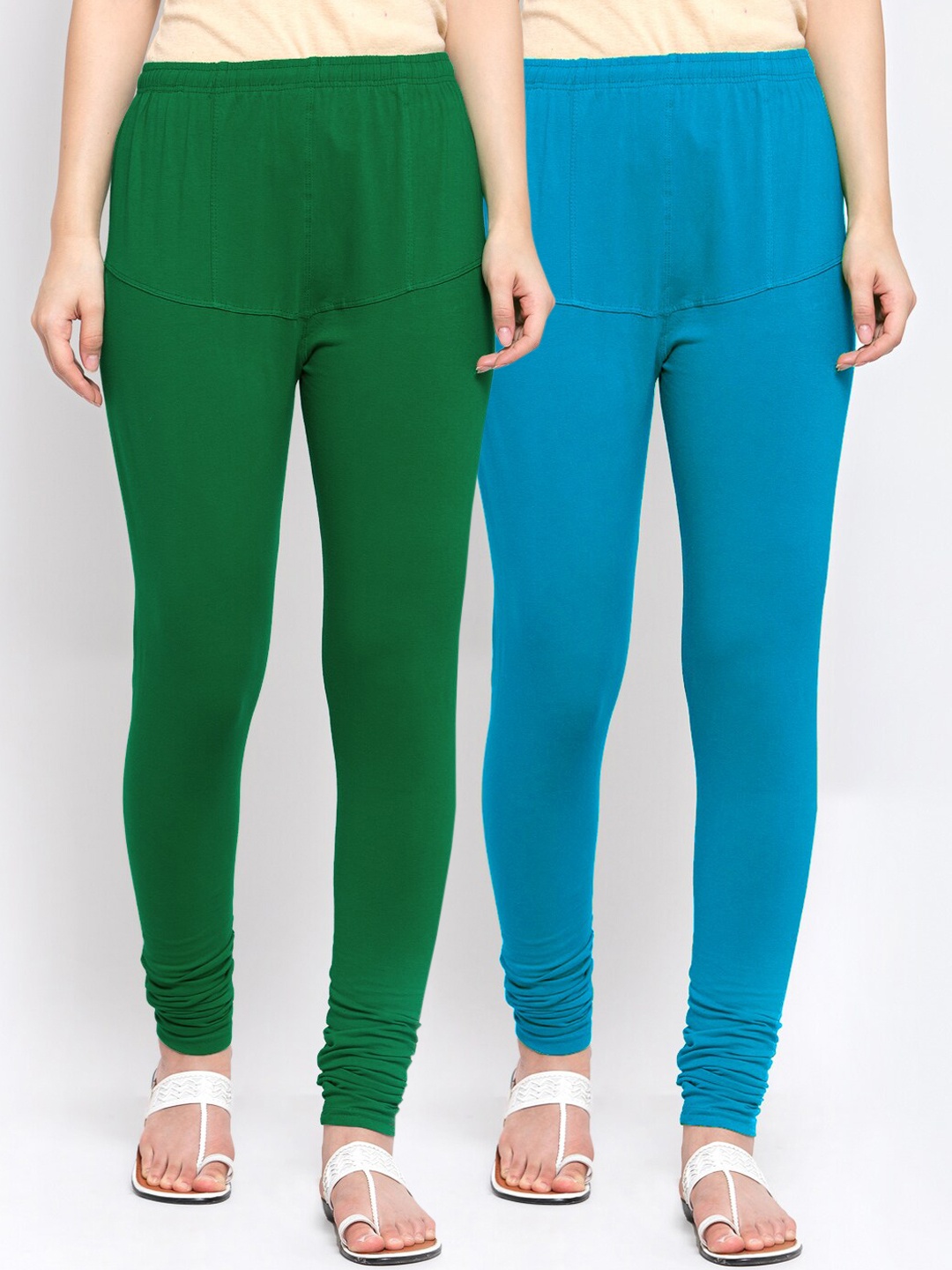 

KLOTTHE Women Pack Of 2 Green & Blue Solid Cotton Churidar-Length Leggings