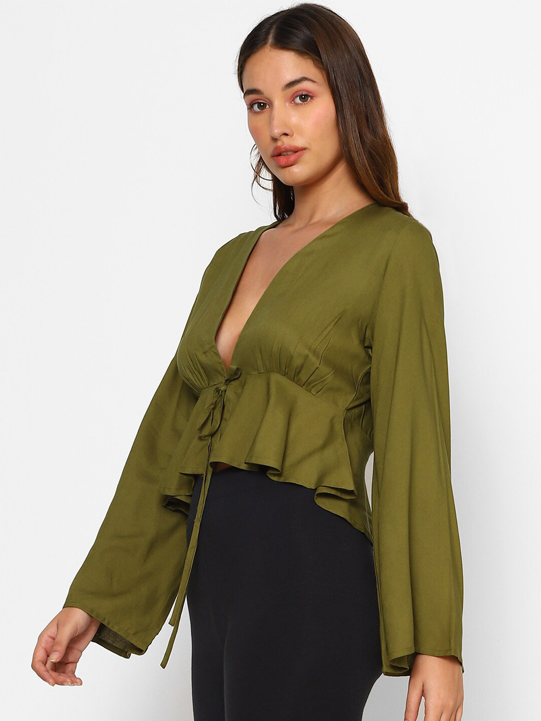 

FOREVER 21 Women Green Solid Empire Crop Top