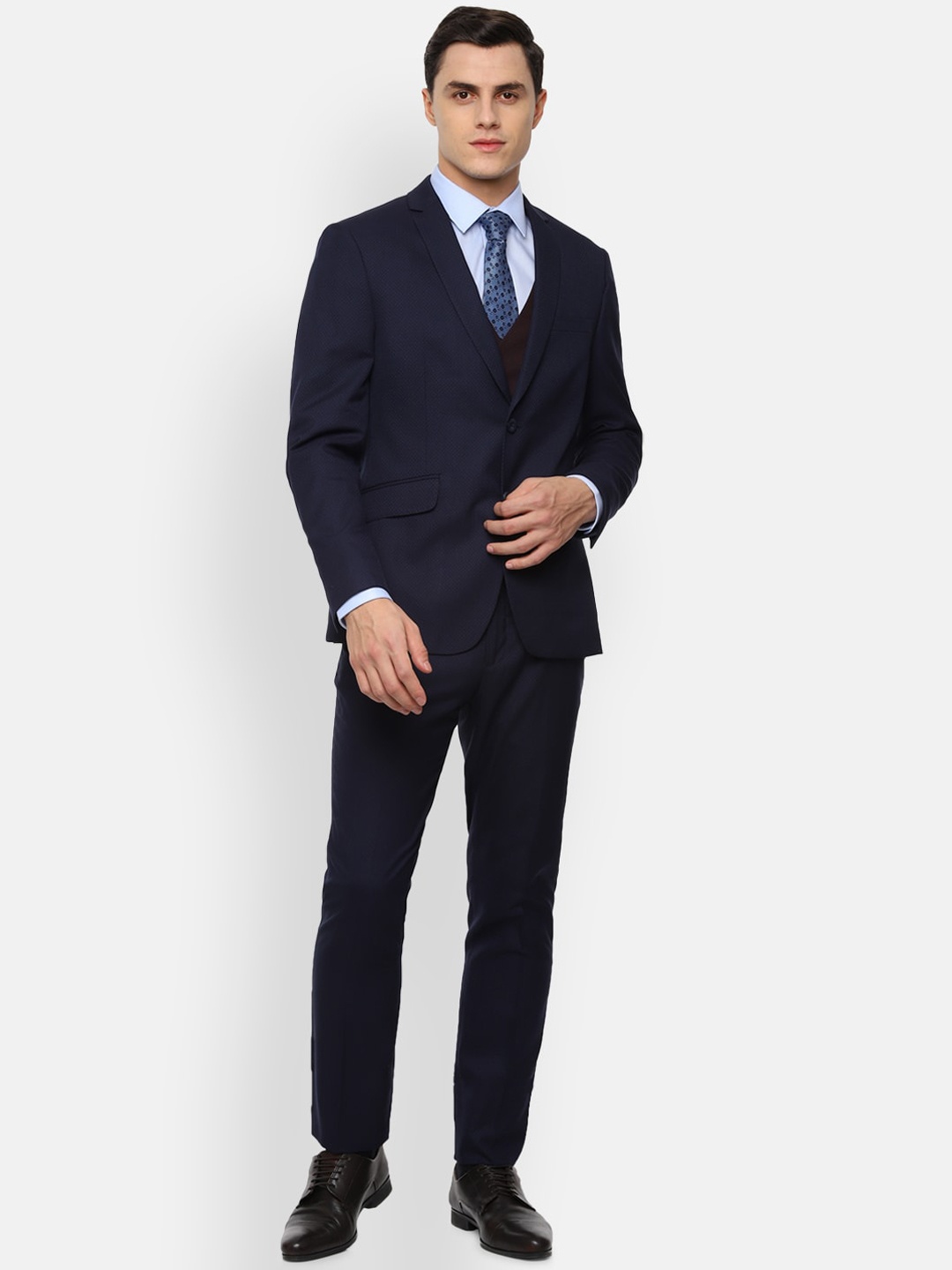 

V Dot Men Navy Blue Self-Design Single-Breasted Slim-Fit Suit