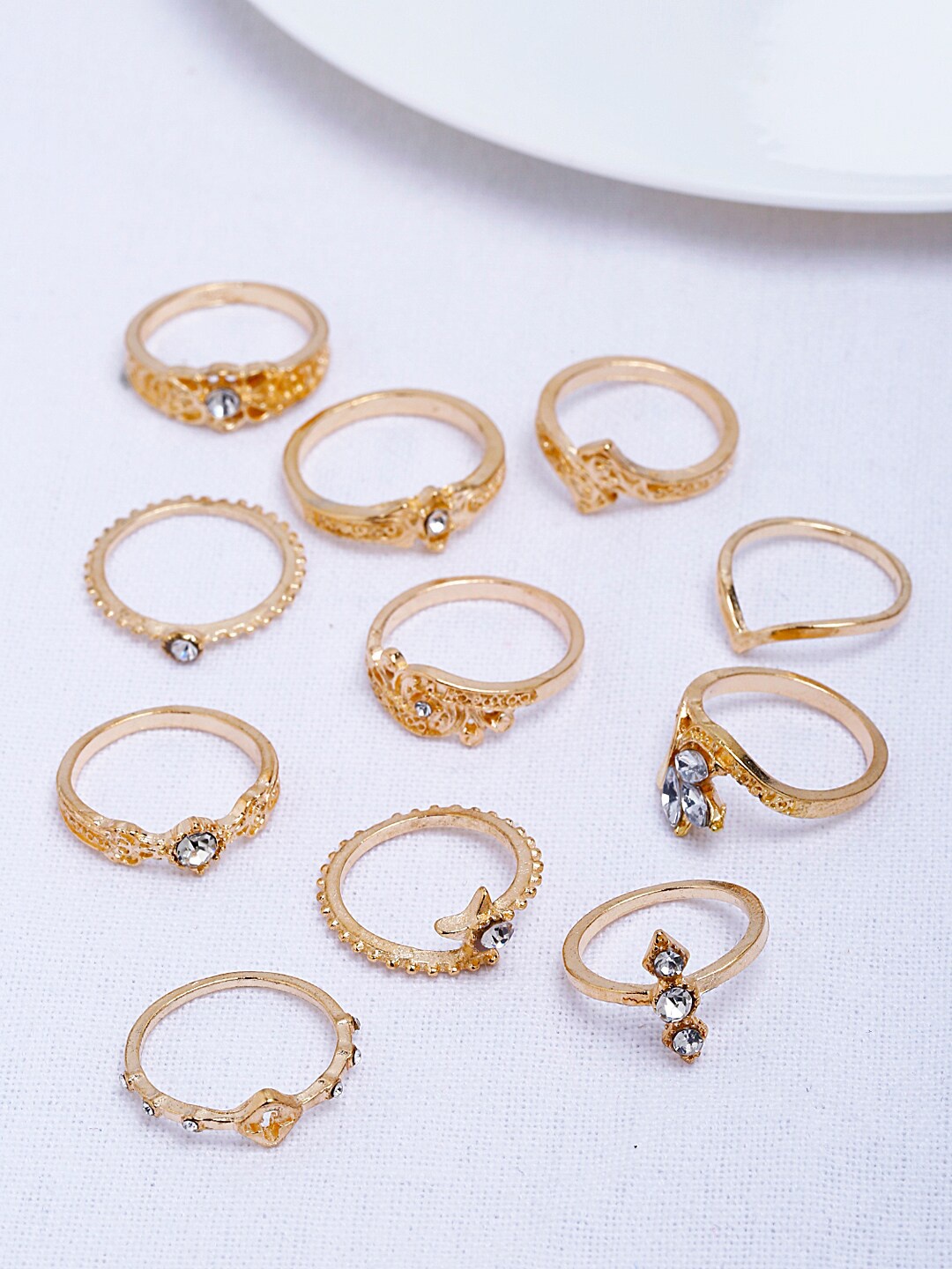 

Shining Diva Fashion Set Of 11 Gold-Plated White Crystal-Studded Boho Midi Finger Ring