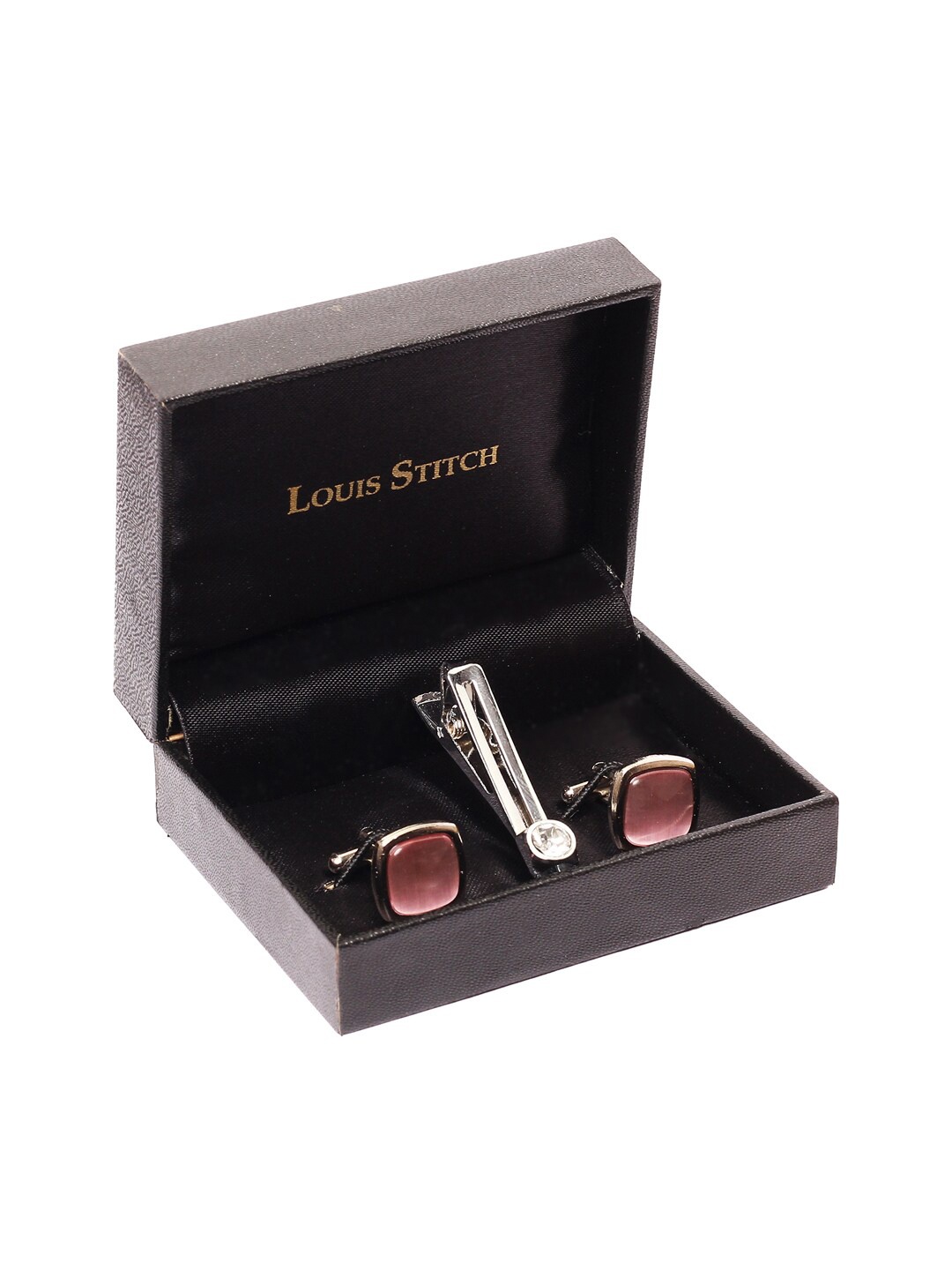 

LOUIS STITCH Men Set of Stone Studded Tie Pin & Cufflinks, Pink