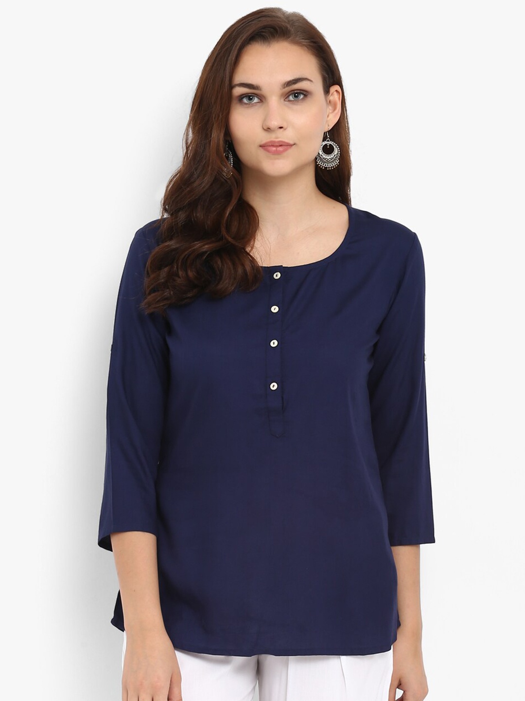

Hapuka Women Blue Solid Round Neck Three-Quarter Sleeves Top