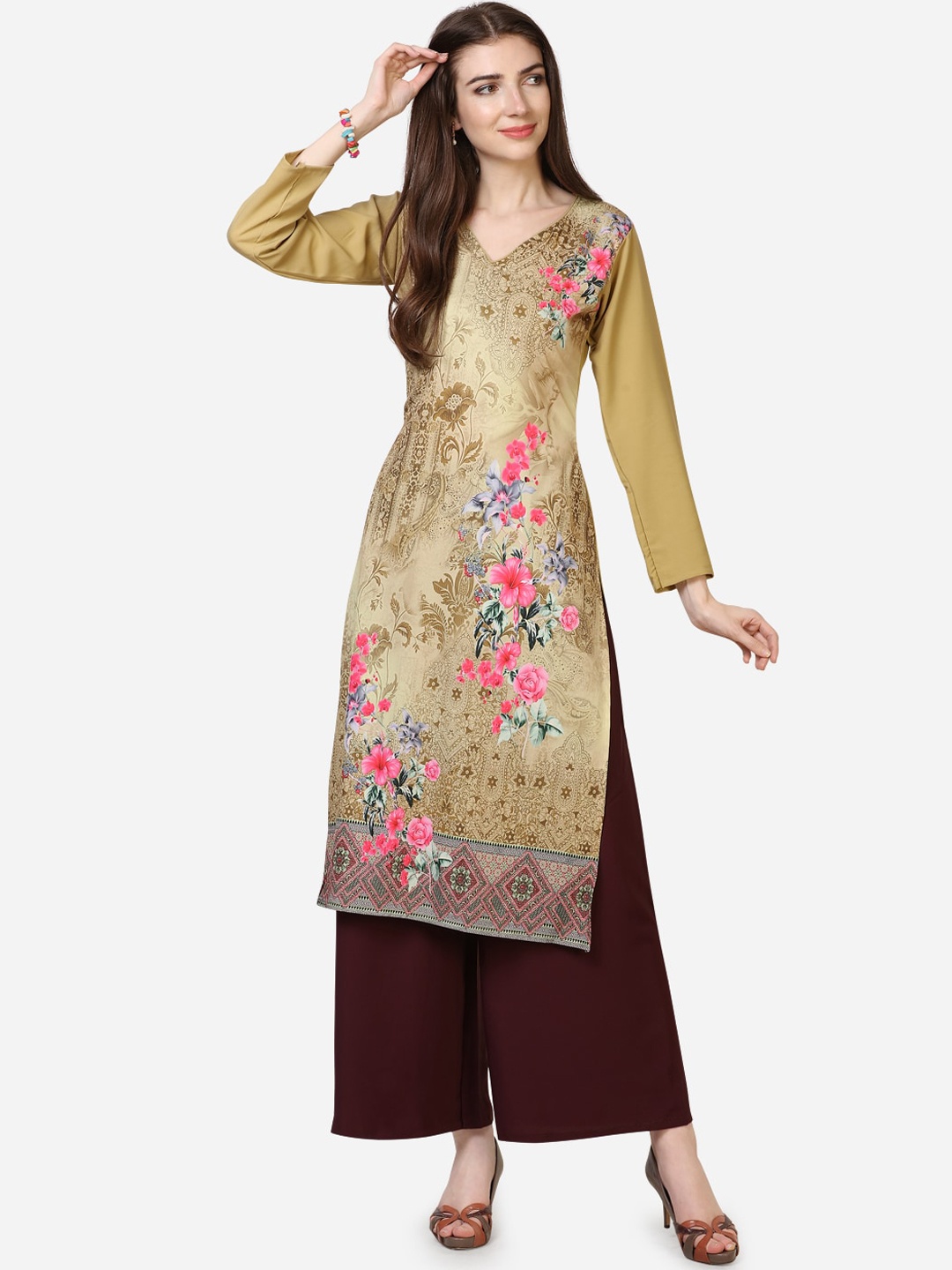 

SAADHVI Women Beige & Maroon Digitally Printed Kurta with Palazzos