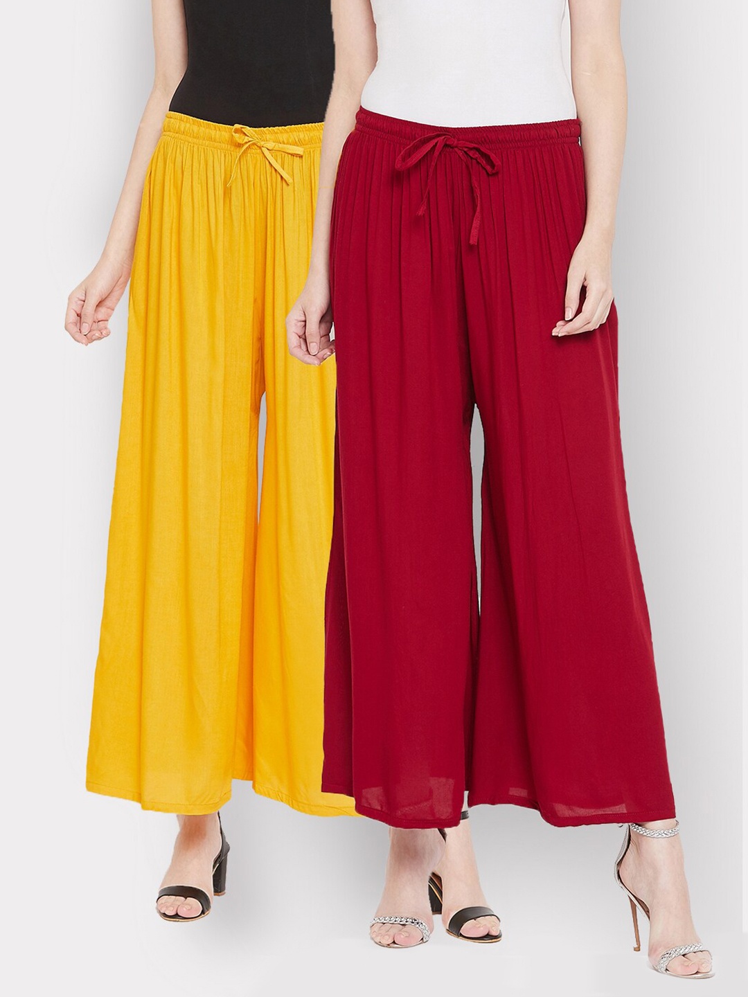 Castle Women Pack Of 2 Mustard Yellow & Maroon Flared Palazzos