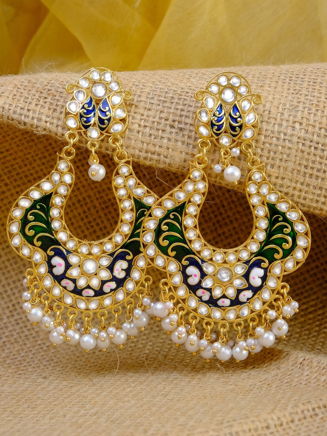 

Crunchy Fashion Gold-Toned & White Contemporary Meenkari Chandbalis Earrings