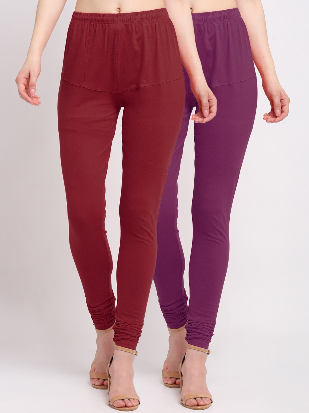 

KLOTTHE Women Pack of 2 Solid Cotton Churidar-Length Leggings, Maroon