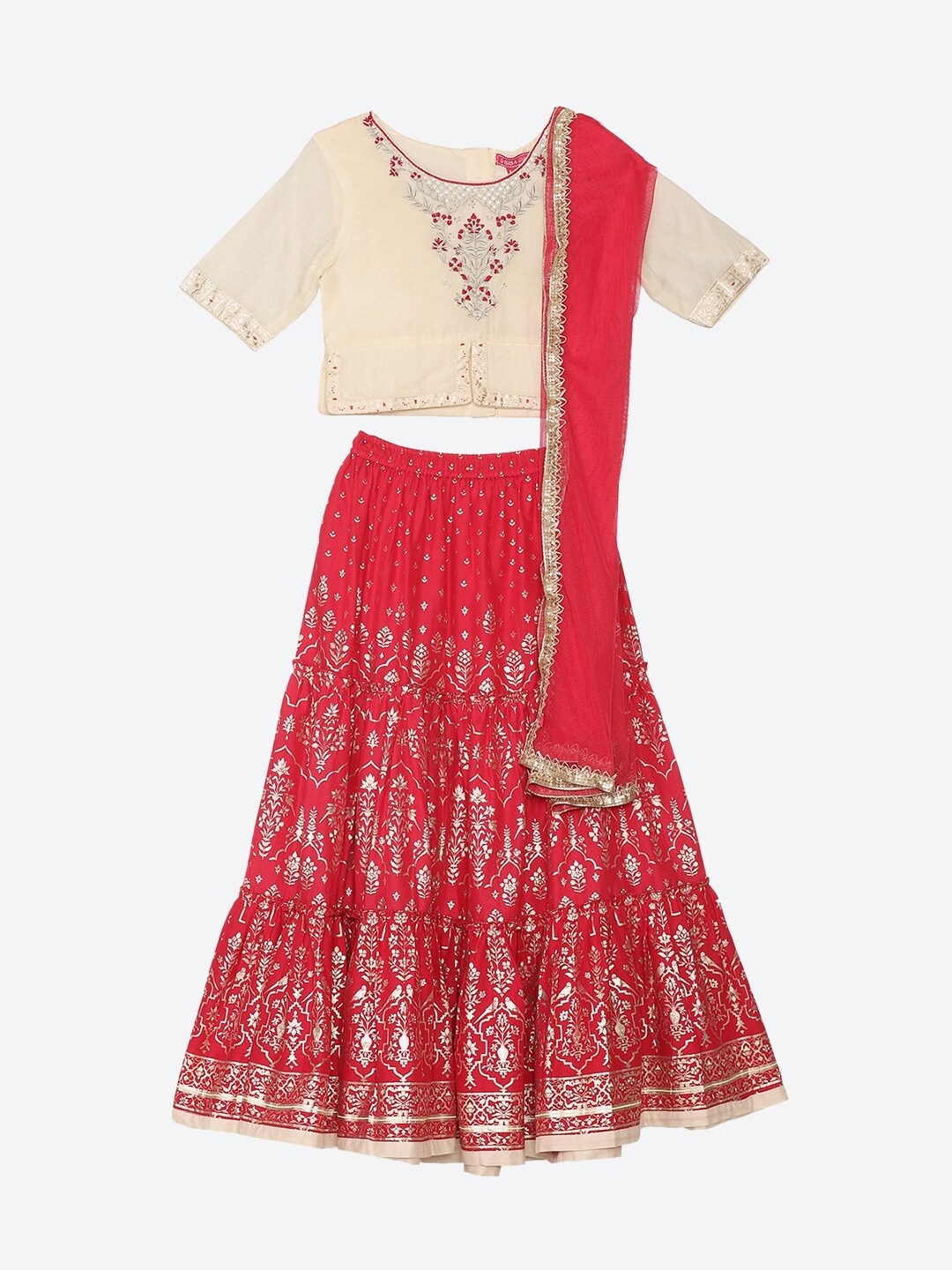

Biba Girls Red & Off White Embroidered Ready to Wear Lehenga & Blouse With Dupatta