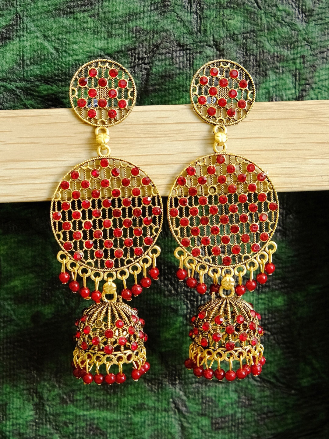 

Crunchy Fashion Women Gold-Toned & Red Circular Jali Style Drop Earrings