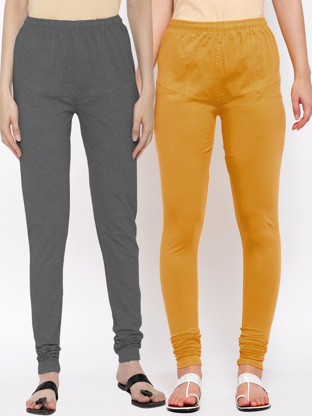 

KLOTTHE Women Pack Of 2 Mustard Yellow & Grey Solid Cotton Churidar-Length Leggings