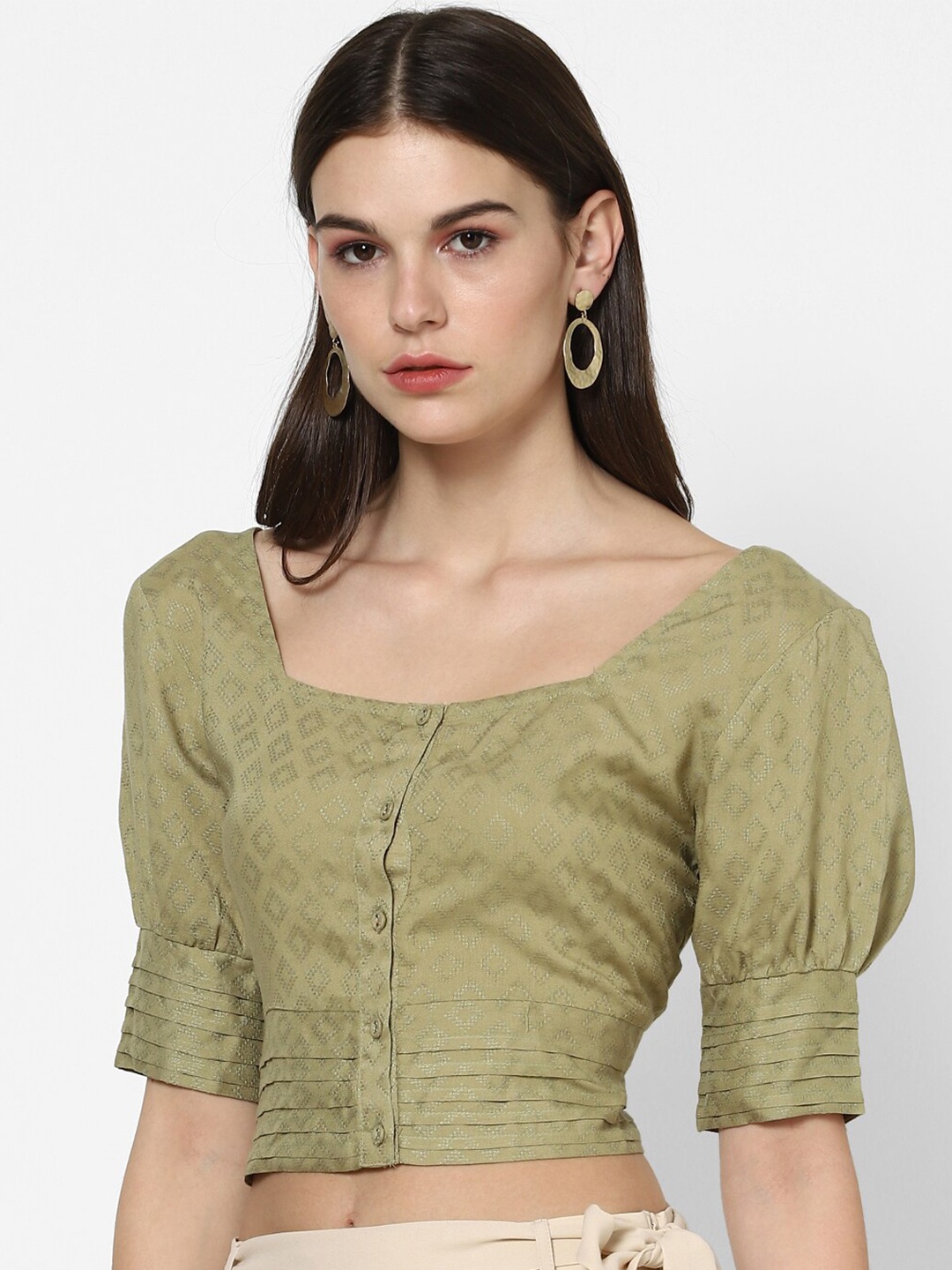 

FOREVER 21 Olive Woven Designed Puff Sleeve Regular Crop Top, Green