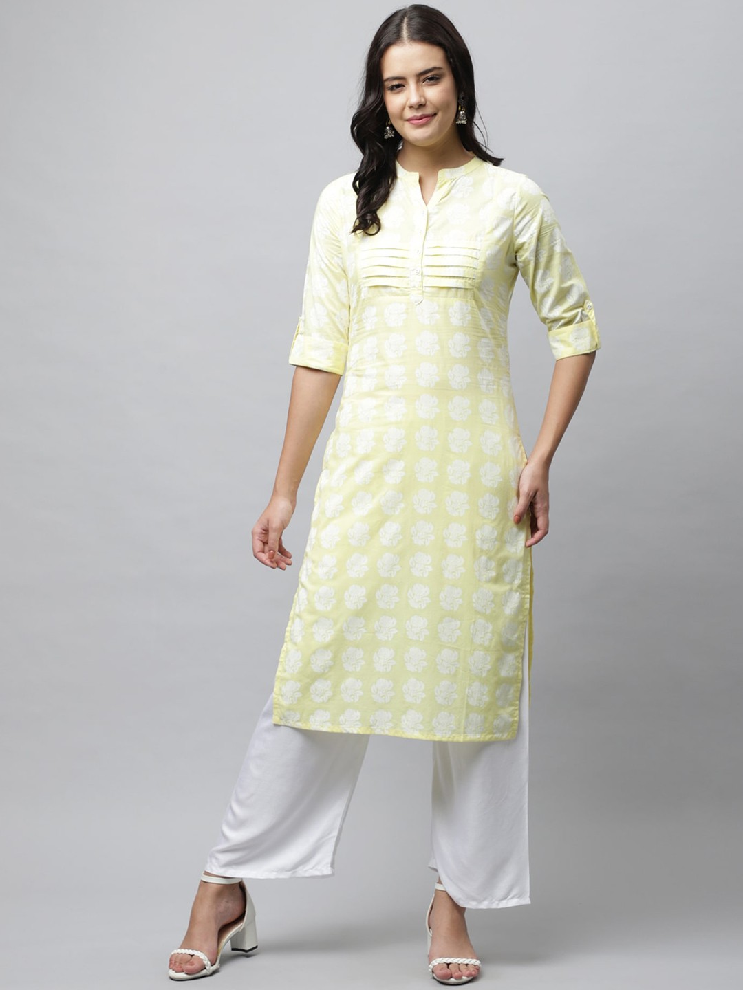 

HERE&NOW Women Yellow & White Floral Printed Kurta
