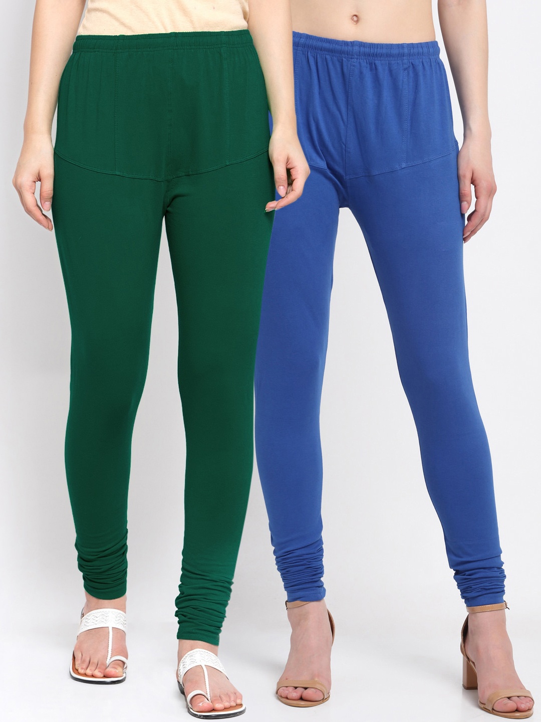 

KLOTTHE Women Pack Of 2 Green & Blue Solid Cotton Churidar-Length Leggings
