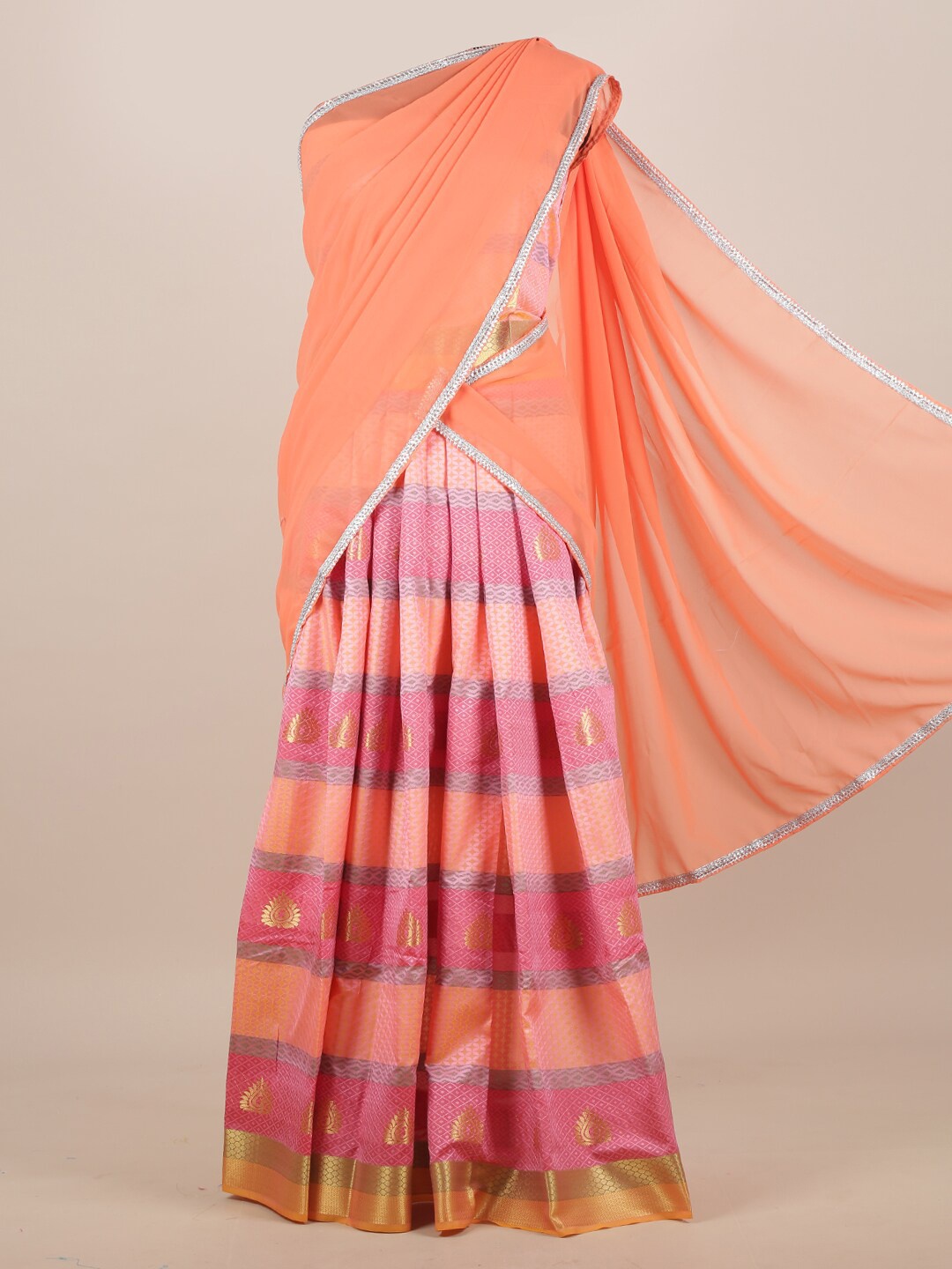 

Pothys Peach-Coloured & Pink Woven Design Zari Half and Half Saree