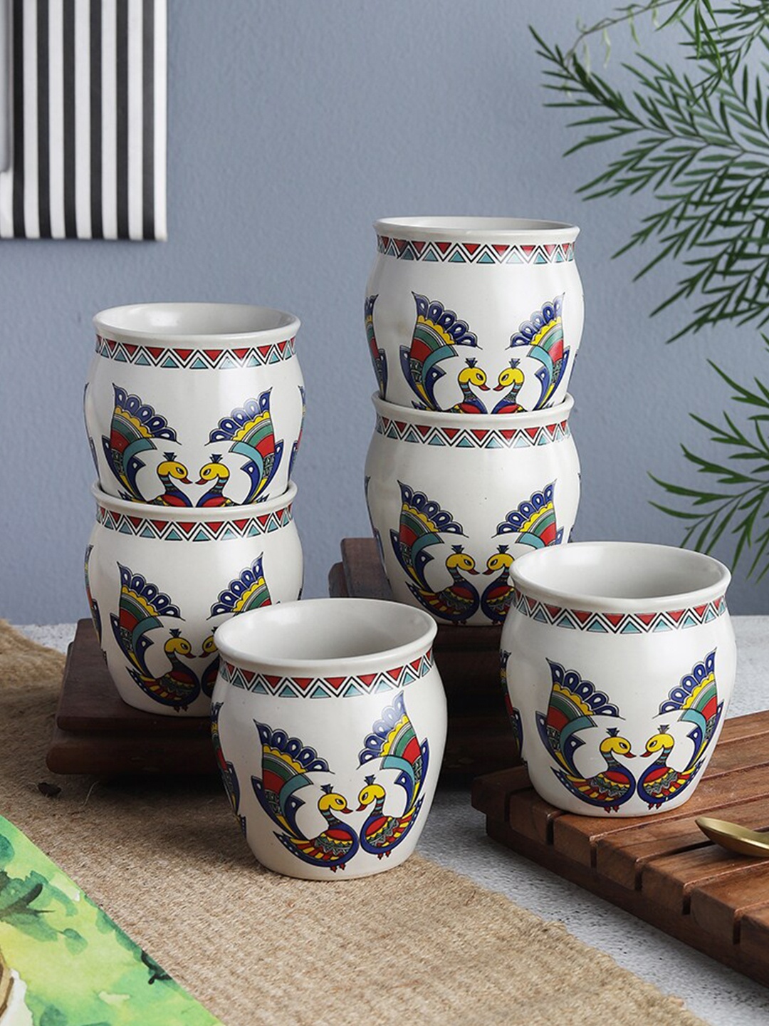 

The Decor Mart White & Blue Printed 6 Ceramic Glossy Kulladhs Set