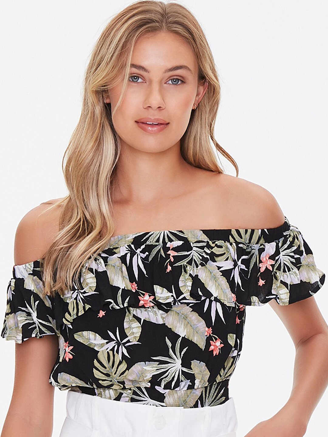 

FOREVER 21 Black & Multicoloured Floral Off-Shoulder Bardot Top