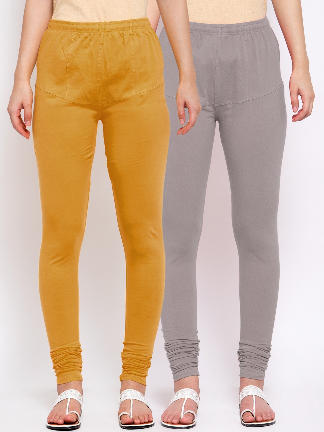

KLOTTHE Women Pack of 2 Mustard Yellow & Grey Solid Cotton Churidar-Length Leggings