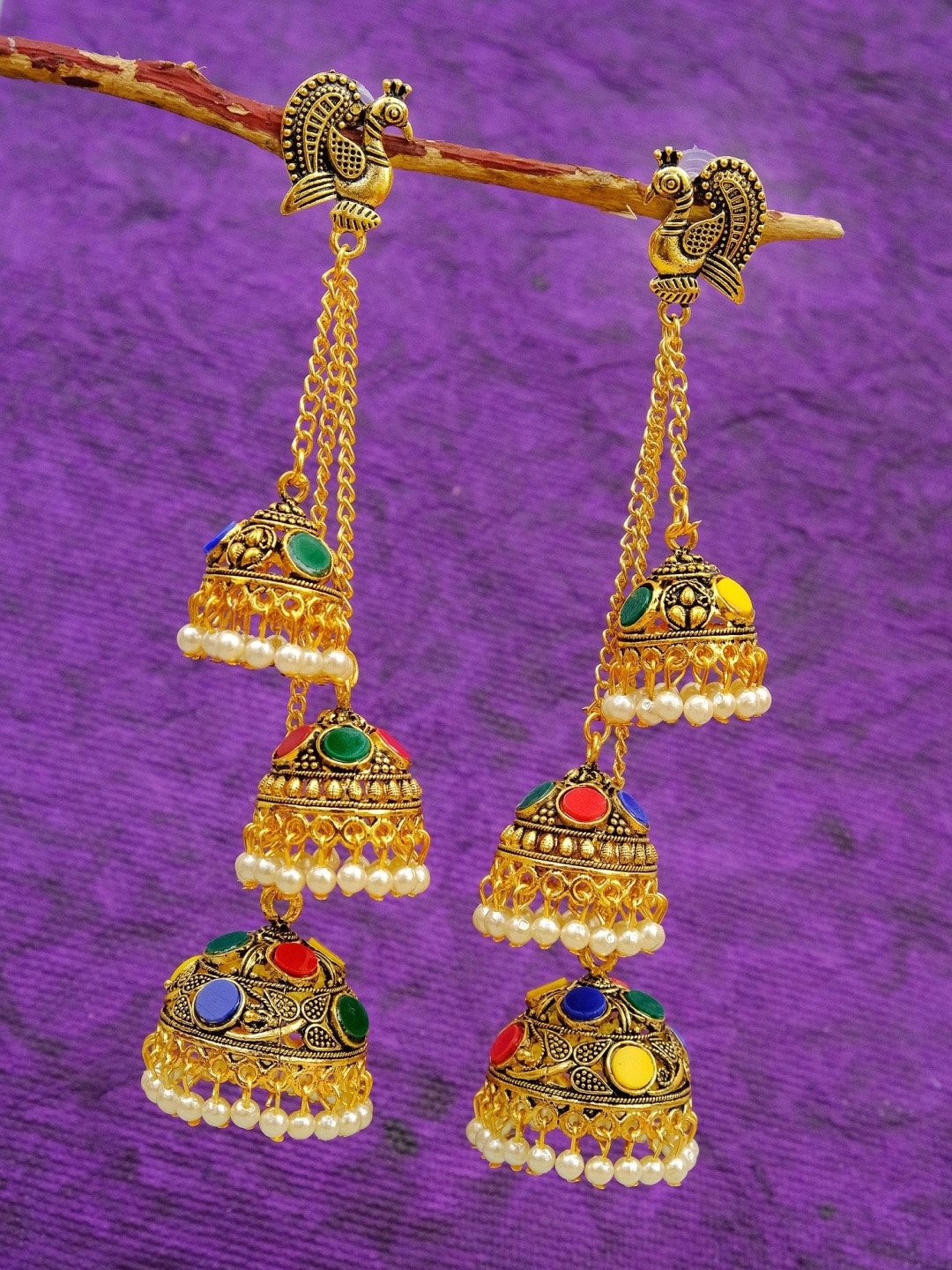 

Crunchy Fashion Gold-Toned & Green Peacock Shaped Jhumkas Earrings