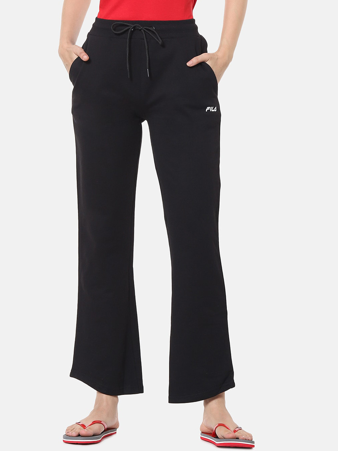 

FILA Women Black Solid Straight-Fit Cotton Track Pants