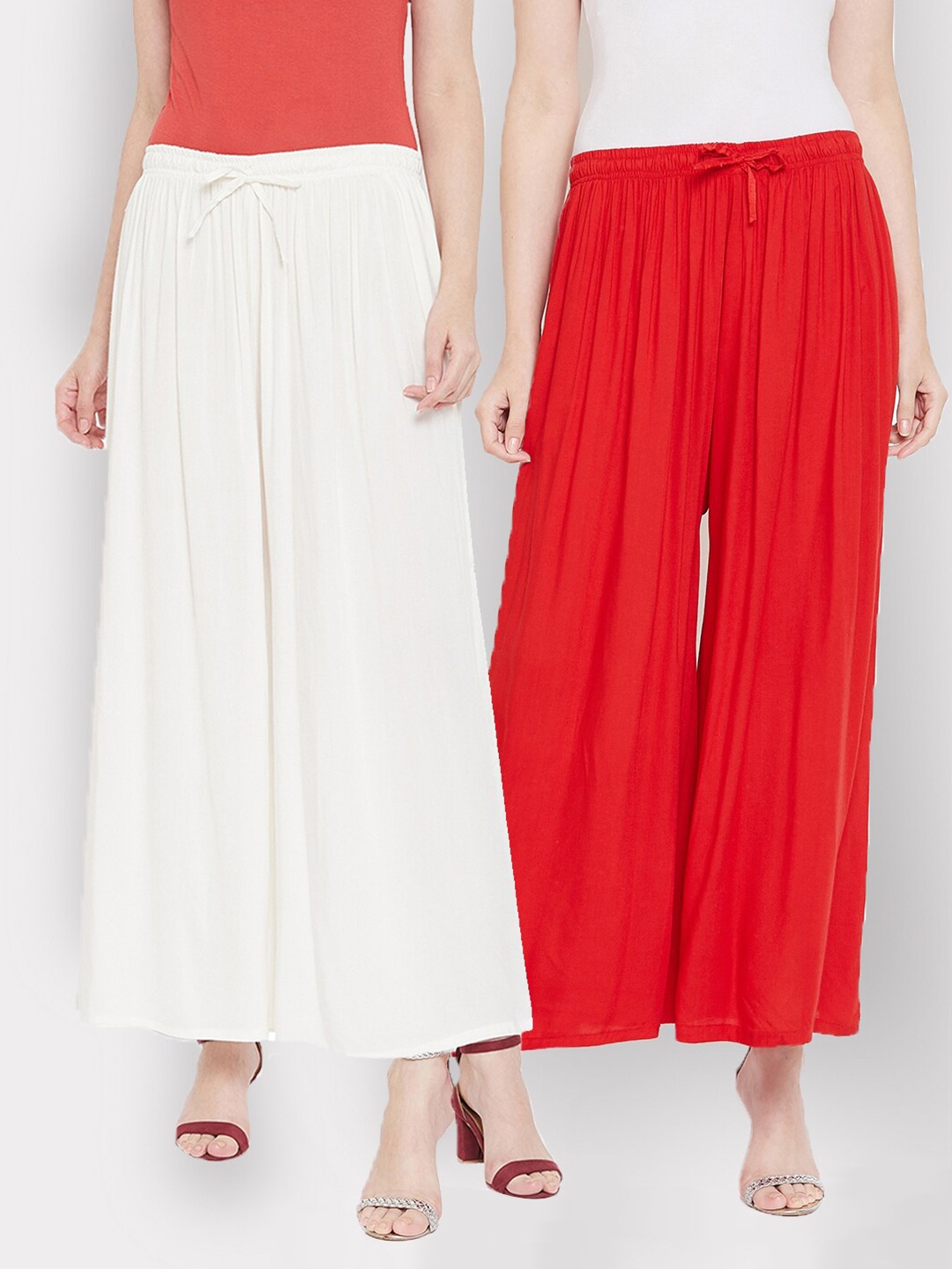 

Castle Women Pack Of 2 Red & Off White Flared Palazzos